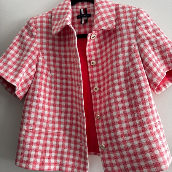Tommy Hilfiger Pink Gingham Short Sleeve Tweed Button-Up Top – Size 4 - Picture 8 of 14